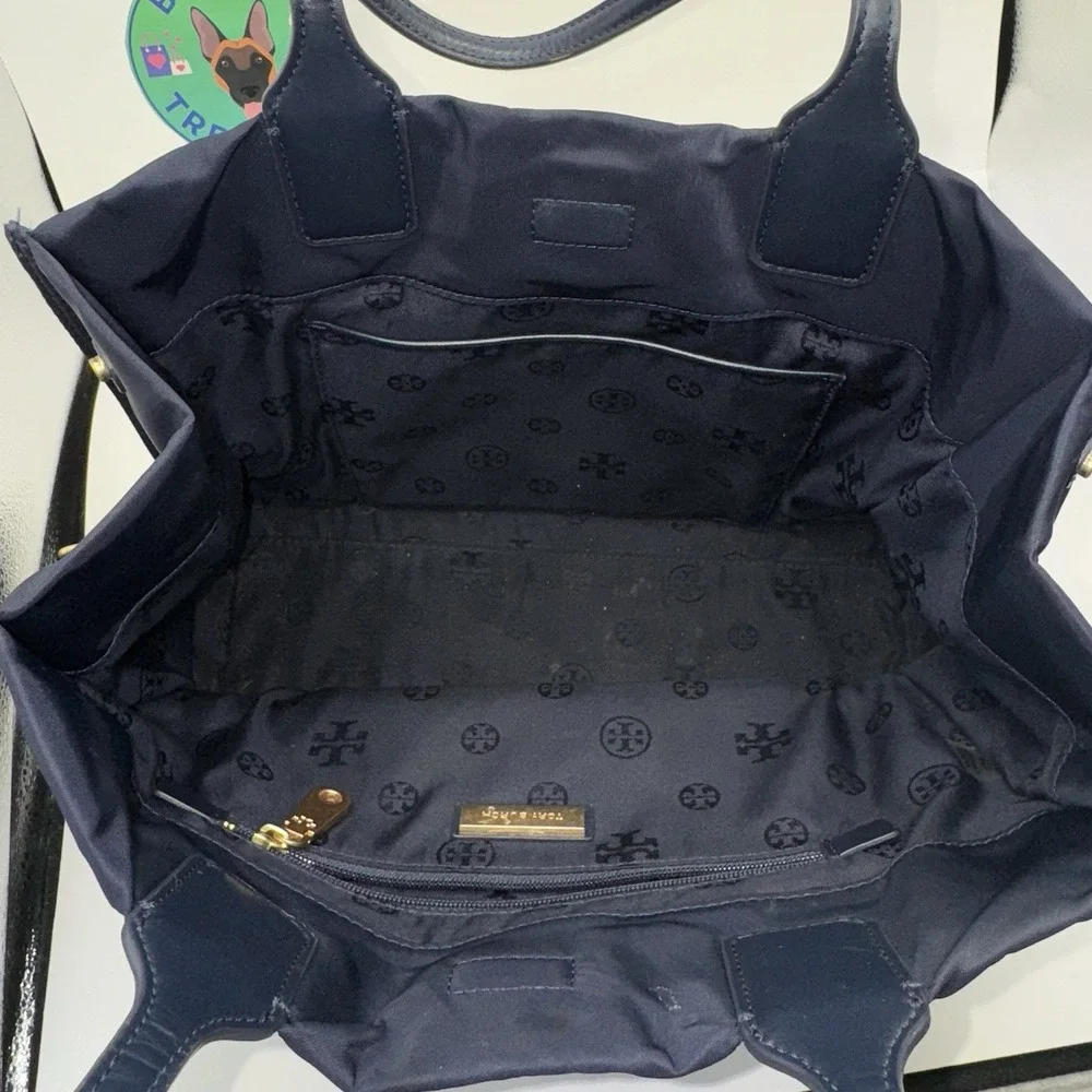 Tory Burch Ella Tote Navy Nylon Small‎ Bag Largo Logo Patch Double Handle